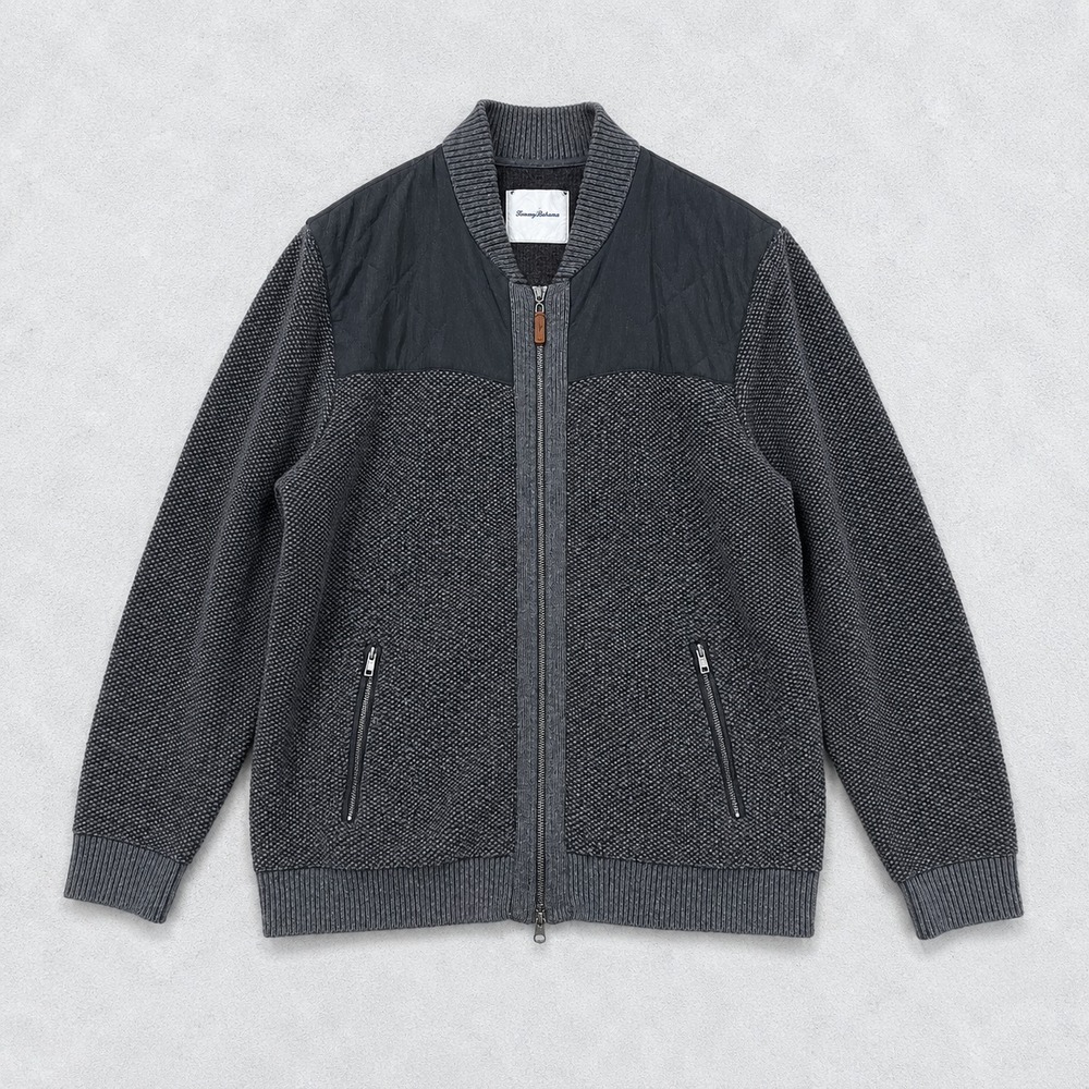 Tommy Bahama Cordillero Bomber Jacket Lambswool Blend Knit Full Zip Grey Large